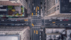 An aerial shot of an intersection in New York City