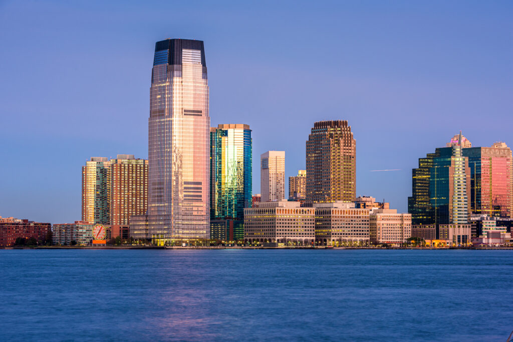 Exchange Place, New Jersey, USA skyline from across the Hudson River.